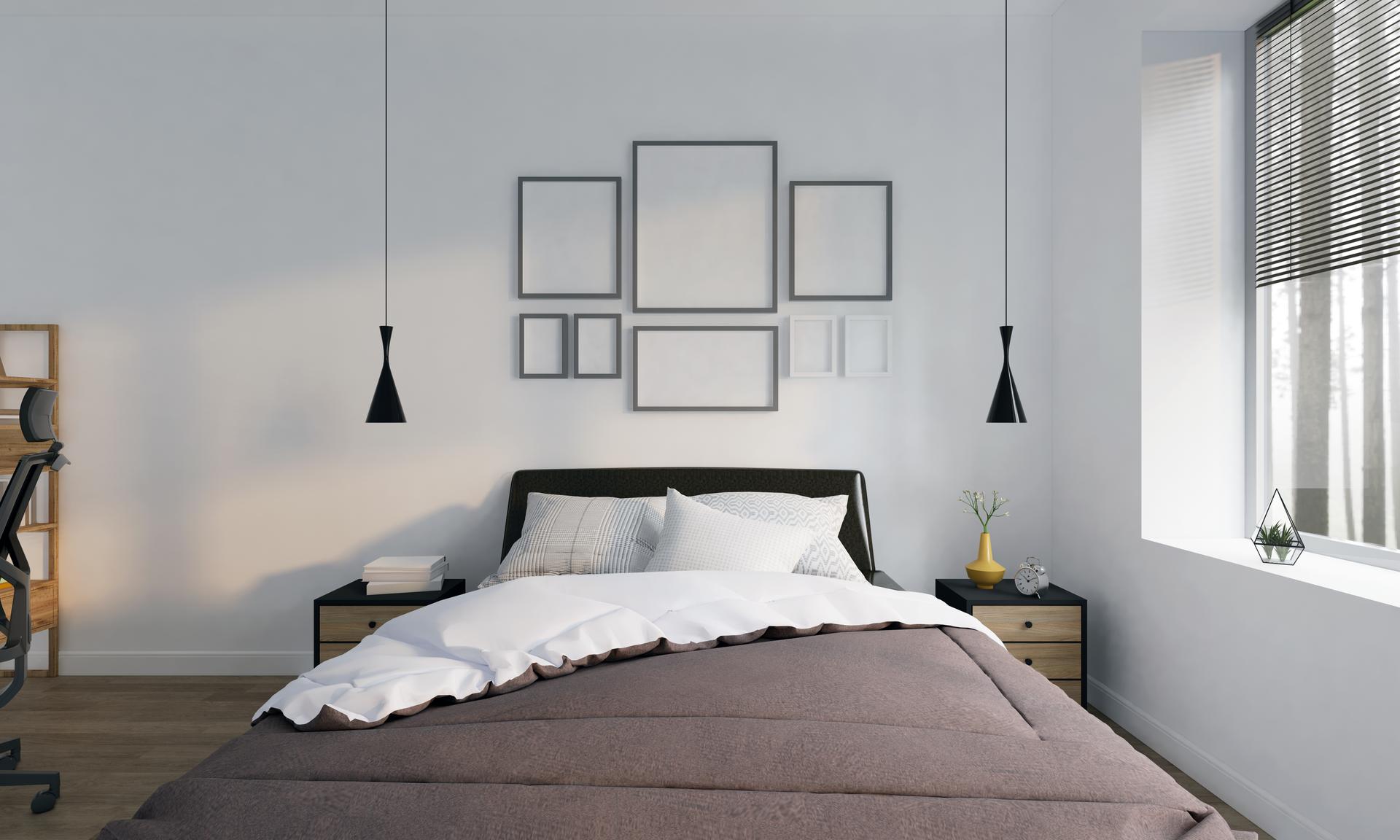 bedroom cozy home interior bed, floor laminated wood. and white wall picture frame background. empty room 3D rendering.