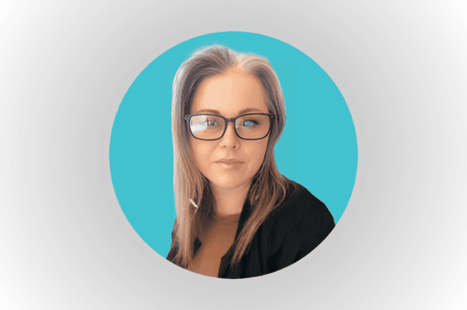 Portrait of a woman with glasses and long hair, set against a blue circular background.