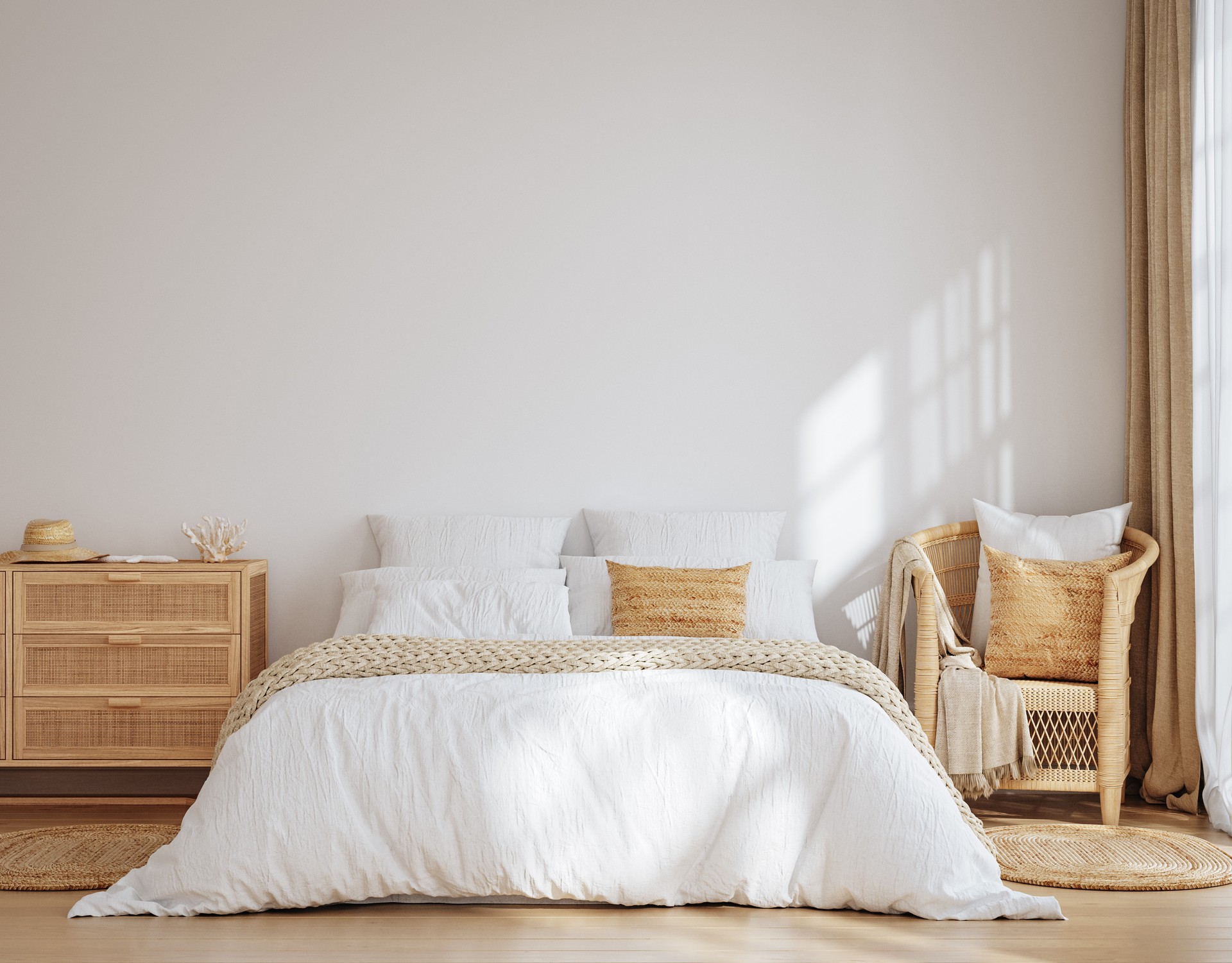 Home mockup, bedroom interior background with rattan furniture and blank wall, Coastal style